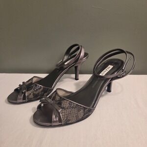 Alfani Slingback Ankle Strap 3" Heels Bow, Size 8.5, Metallic Pewter Black Lace